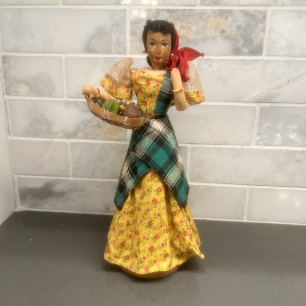 Vtg Very Old , Filipina doll(dressed in native garb Carrying A Basket Of Food